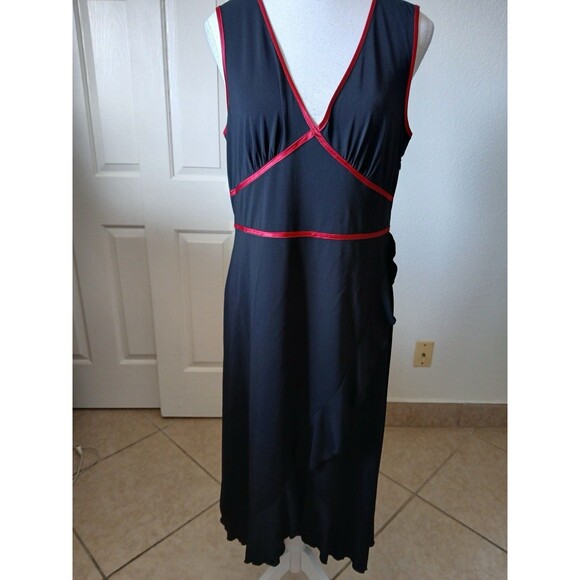 INC Womens Black Red Trim Midi Dress Asymmetrical Ruffle Hem Y2K Style Size L - Picture 2 of 15